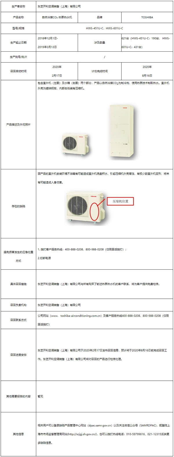 东芝开利空调销售（上海）有限公司召回部分自然冷媒二氧化碳热泵热水机