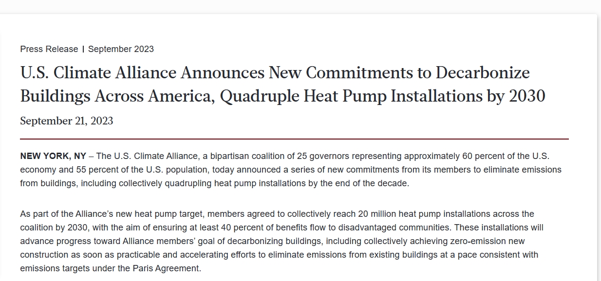美国各州将大力推动安装热泵，2030年前计划部署2000万台