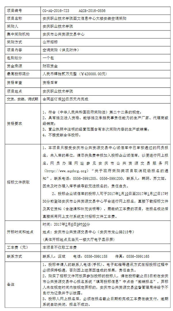 安庆职业技术学院图文信息中心大楼安装空调采购招标公告