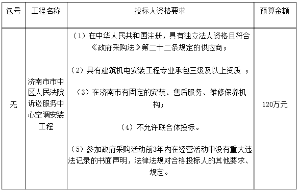 济南市市中区人民法院诉讼服务中心空调安装工程公开招标