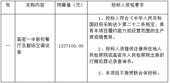 预算133万 高密一中新校餐厅及剧场空调设备项目三次招标