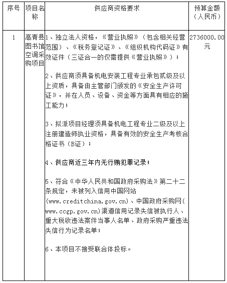 预算273万 高青县图书馆空调采购项目招标