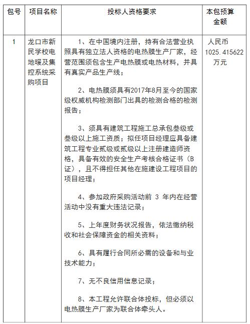 龙口市新民学校电地暖及集控系统采购项目招标公告